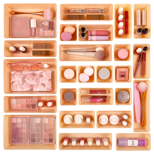 Vtopmart 25 PCS Plastic Drawer Organizers Set, 4-Size Versatile Bathroom and Vanity Drawer Organizer Trays, Storage Bins for Makeup, Bedroom, Kitchen Gadgets Utensils and Office