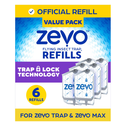 Zevo Flying Insect Trap Refill - for The Zevo MAX & Standard Indoor Fly Trap - Catch Gnats, House & Fruit Flies - Easy to Use - Mess-Free Disposal (6 Refill Cartridges)