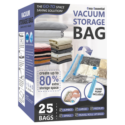 25 Pack Vacuum Storage Bags, Space Saver Vacuum Storage Bags, Vacuum Seal Bags for Clothing, Clothes, Comforters and Blankets, Hand Pump Included