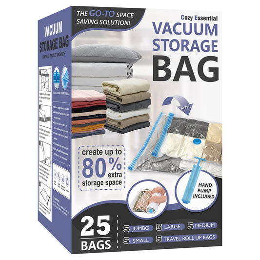 25 Pack Vacuum Storage Bags, Space Saver Vacuum Storage Bags, Vacuum Seal Bags for Clothing, Clothes, Comforters and Blankets, Hand Pump Included