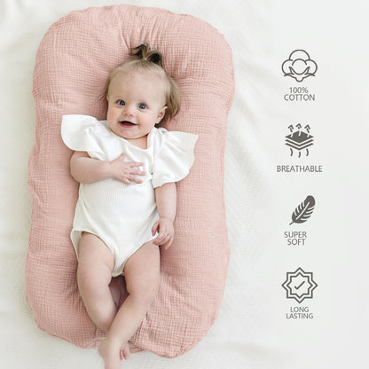 MairMore Muslin Baby Lounger Cover for Newborn & Infant, 100% Cotton Soft and Breathable Lounger Slipcover for Baby Girls and Boys, Pack of 2 (Pink, Ivory)