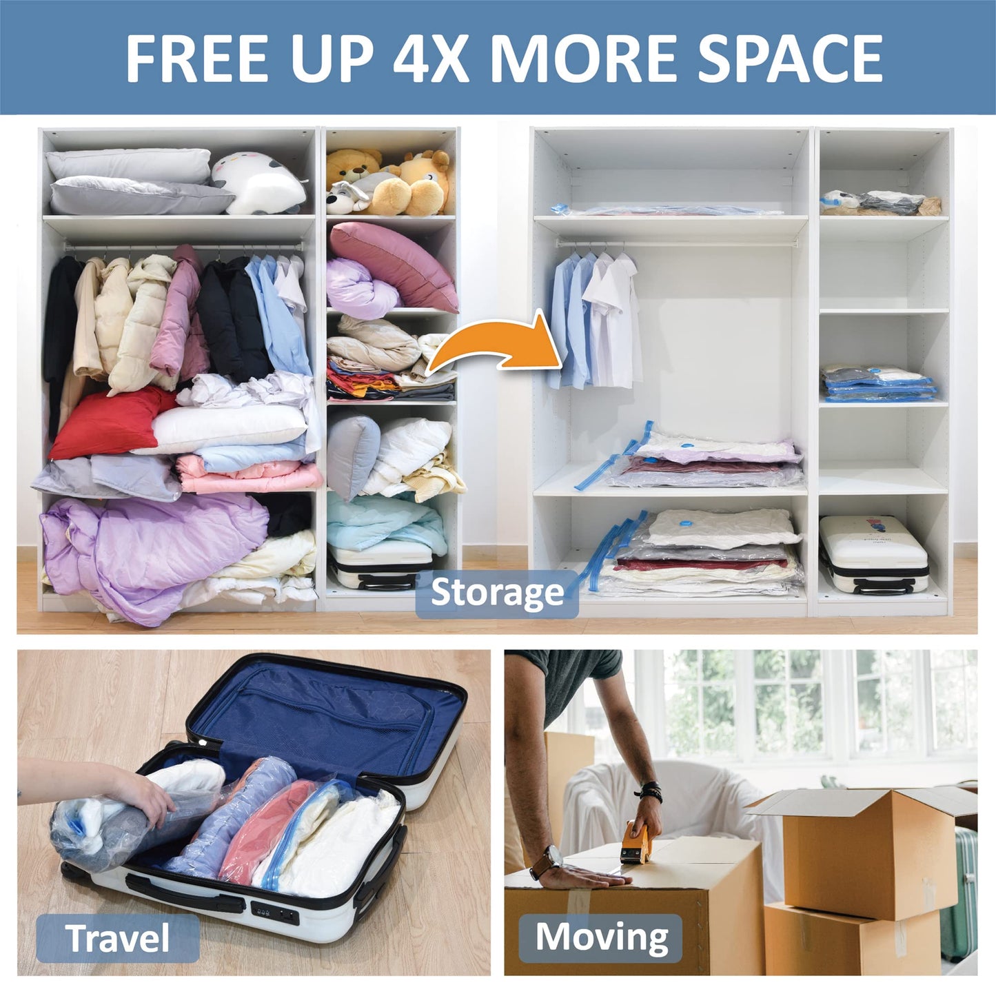 12 Pack Vacuum Storage Bags, Space Saver Vacuum Storage Bags, Vacuum Seal Bags for Clothing, Clothes, Comforters and Blankets, Hand Pump Included