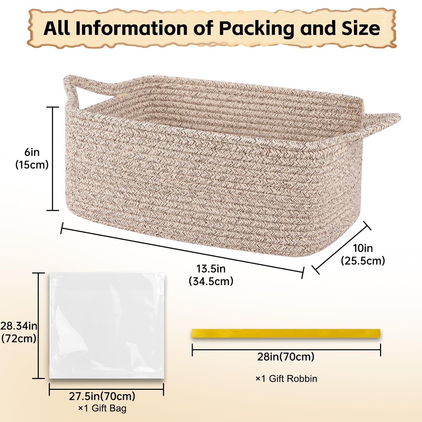 OIAHOMY Woven Basket, Gift Basket Empty with Gift Bags and Ribbons, Rope Baskets for Baby Showers, Storage Baskets with Handles for Nursery, Pet Toy Organizer - Brown