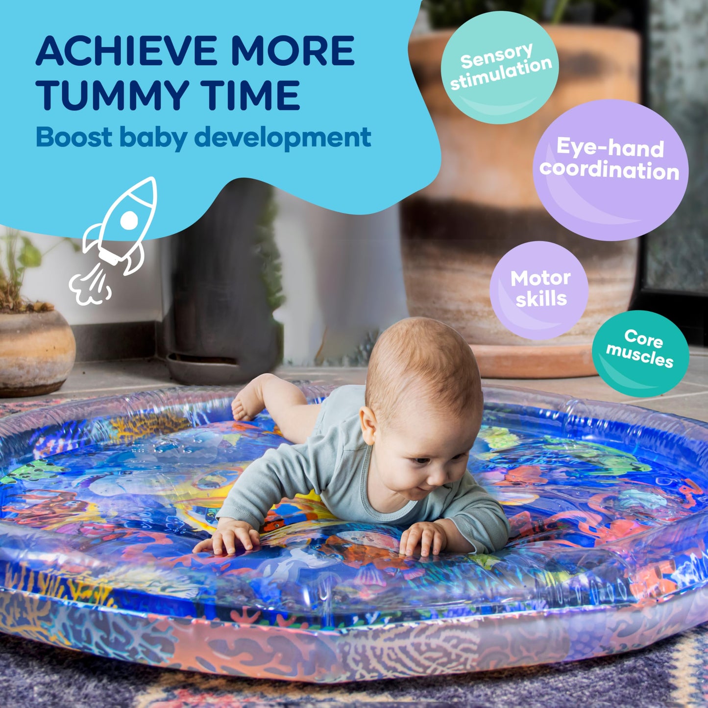 TT TUMMYTIMEZ Premium Tummy Time Water Mat, Extra Large Multi-Stage Activity Center Promoting Baby Motor & Sensory Development, Inflatable Playmat Visual Stimulation Gift Infants Toddlers Boys Girls
