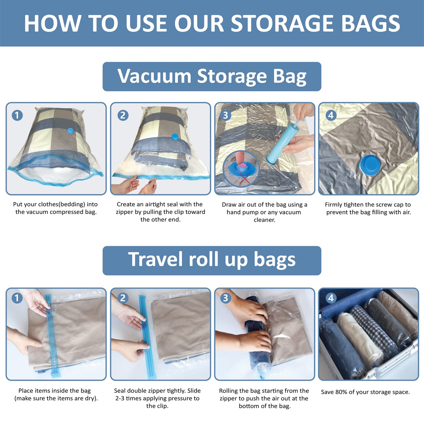 12 Pack Vacuum Storage Bags, Space Saver Vacuum Storage Bags, Vacuum Seal Bags for Clothing, Clothes, Comforters and Blankets, Hand Pump Included