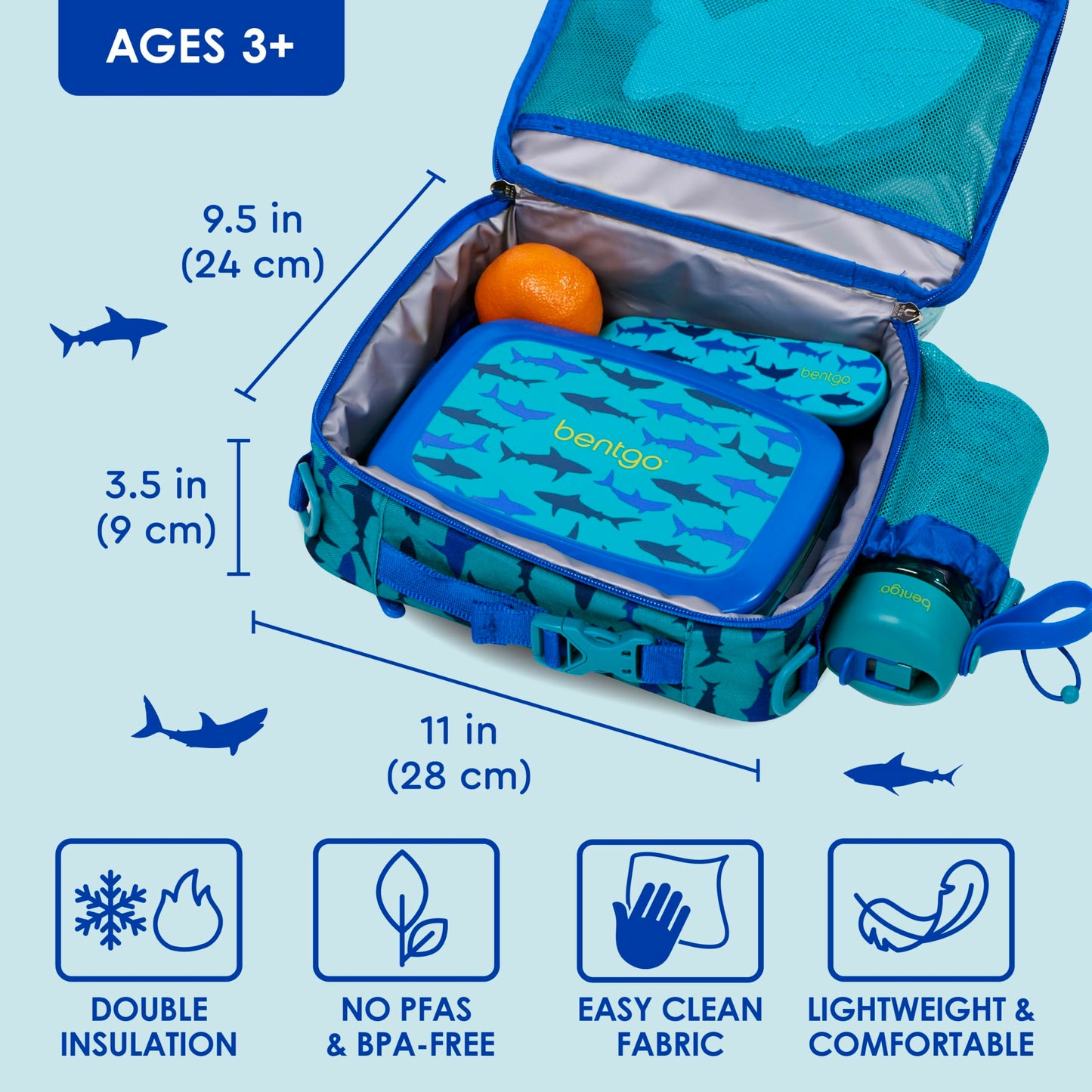 Bentgo Kids Lunch Bag - Durable, Double-Insulated Lunch Bag for Kids 3+; Holds Lunch Box, Water Bottle, & Snacks; Easy-Clean Water-Resistant Fabric & Multiple Zippered Pockets (Shark)