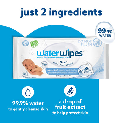 WaterWipes Sensitive+ Newborn & Baby Wipes, 3-In-1 Cleans, Cares, Protects, 99.9% Water, Unscented & Hypoallergenic, 240 Count (4 Packs)