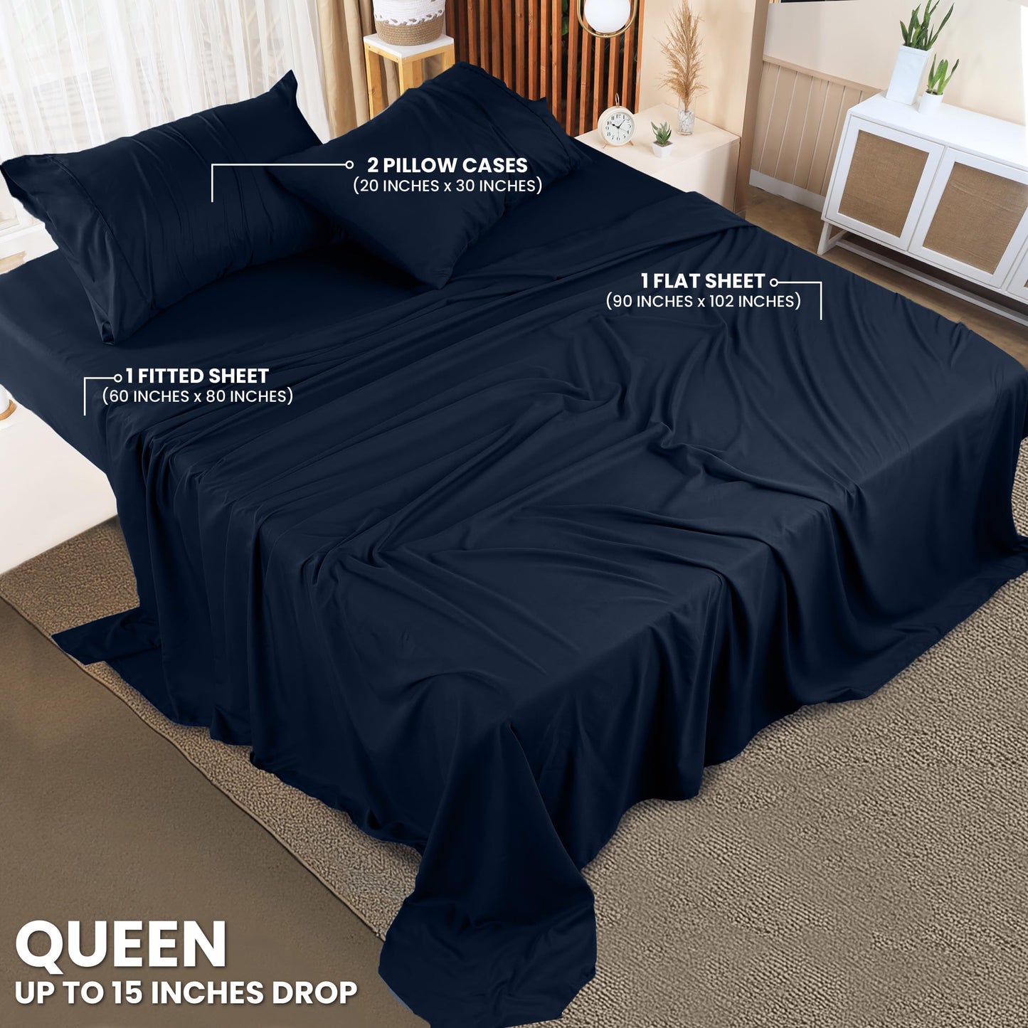 Utopia Bedding Queen Sheet Set – 4 Piece Bed Sheets for Queen Size Bed, Soft and Breathable Microfiber, Includes 1 Fitted Sheet, 1 Flat Sheet and 2 Pillowcases (Navy Blue)