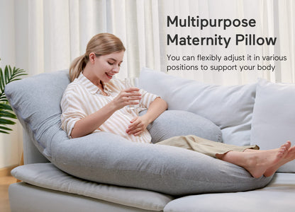 Momcozy U Shaped Pregnancy Pillows with Cotton Removable Cover, 57 Inch Full Body Pillow Maternity Support, Must Have for Pregnant Women, Hatha Grey