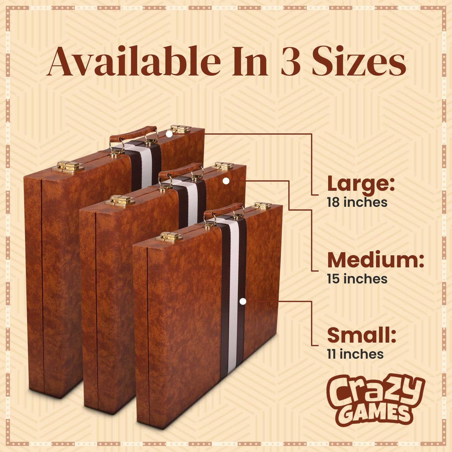 Crazy Games Backgammon Sets for Adults with Premium Leather Case | Classic Travel Backgammon Set for Adults and Kids with Strategy & Guide | 15 Inches | Medium | Brown