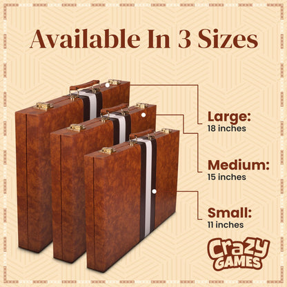 Crazy Games Backgammon Sets for Adults with Premium Leather Case | Classic Travel Backgammon Set for Adults and Kids with Strategy & Guide | 15 Inches | Medium | Brown