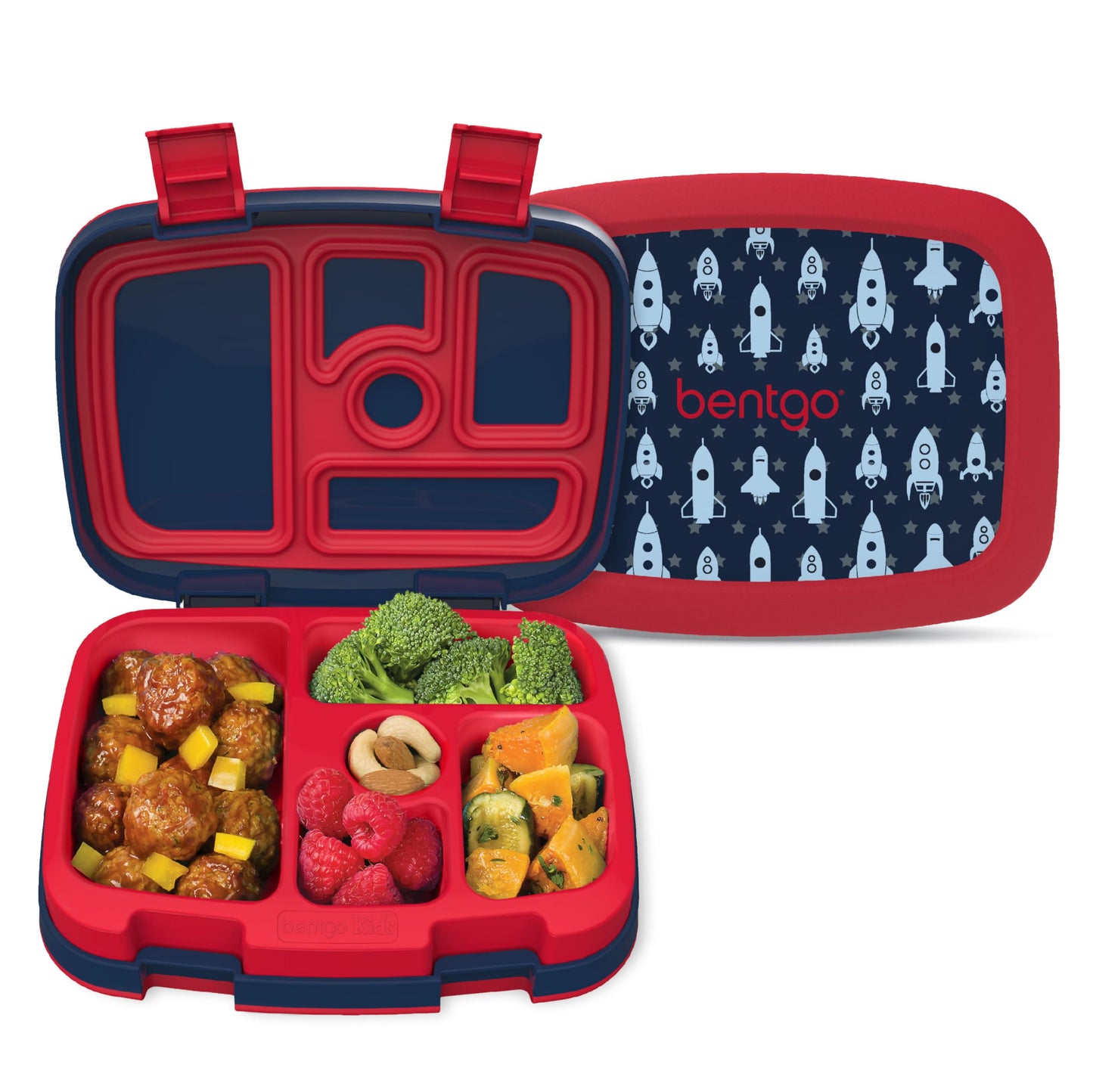 Bentgo Kids Prints Leak-Proof, 5-Compartment Bento-Style Kids Lunch Box - Ideal Portion Sizes for Ages 3-7, Durable, Drop-Proof, Dishwasher Safe, & PFAS & BPA-Free Materials (Rocket)