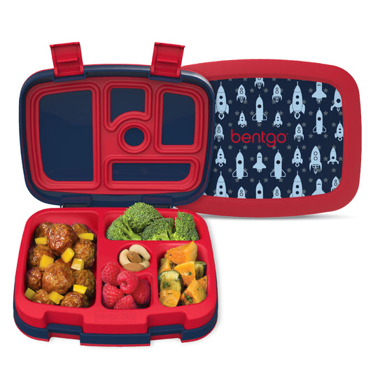 Bentgo Kids Prints Leak-Proof, 5-Compartment Bento-Style Kids Lunch Box - Ideal Portion Sizes for Ages 3-7, Durable, Drop-Proof, Dishwasher Safe, & PFAS & BPA-Free Materials (Rocket)