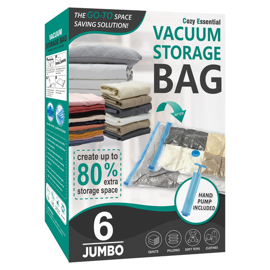 6 Jumbo Vacuum Storage Bags, Space Saver Bags Compression Storage Bags for Comforters and Blankets, Vacuum Sealer Bags for Clothes Storage, Hand Pump Included