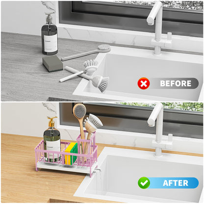 Cisily Pink Sponge Holder for Kitchen Sink, Sink Caddy Organizer with High Brush Holder, Kitchen Countertop Rustproof 304 Stainless Steel, Soap Dispenser Kitchen Organizers and Storage Essentials