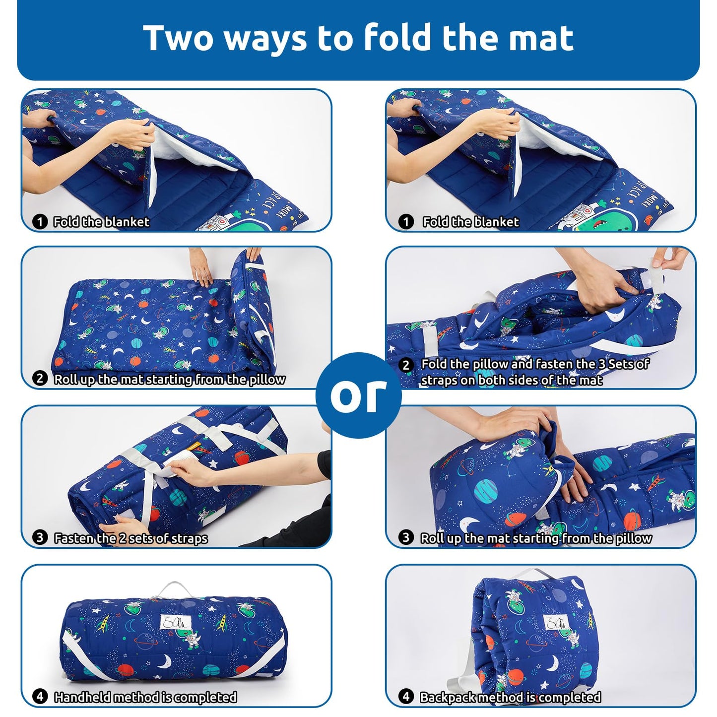 Safotad Toddler Nap Mat with Pillow and Blanket, Soft Sleeping Bag for Kids Boys and Girls, Slumber Bags Kids for Preschool, Daycare, Travel, Camping, 54" x 33" Great for Ages 3-6(Blue)