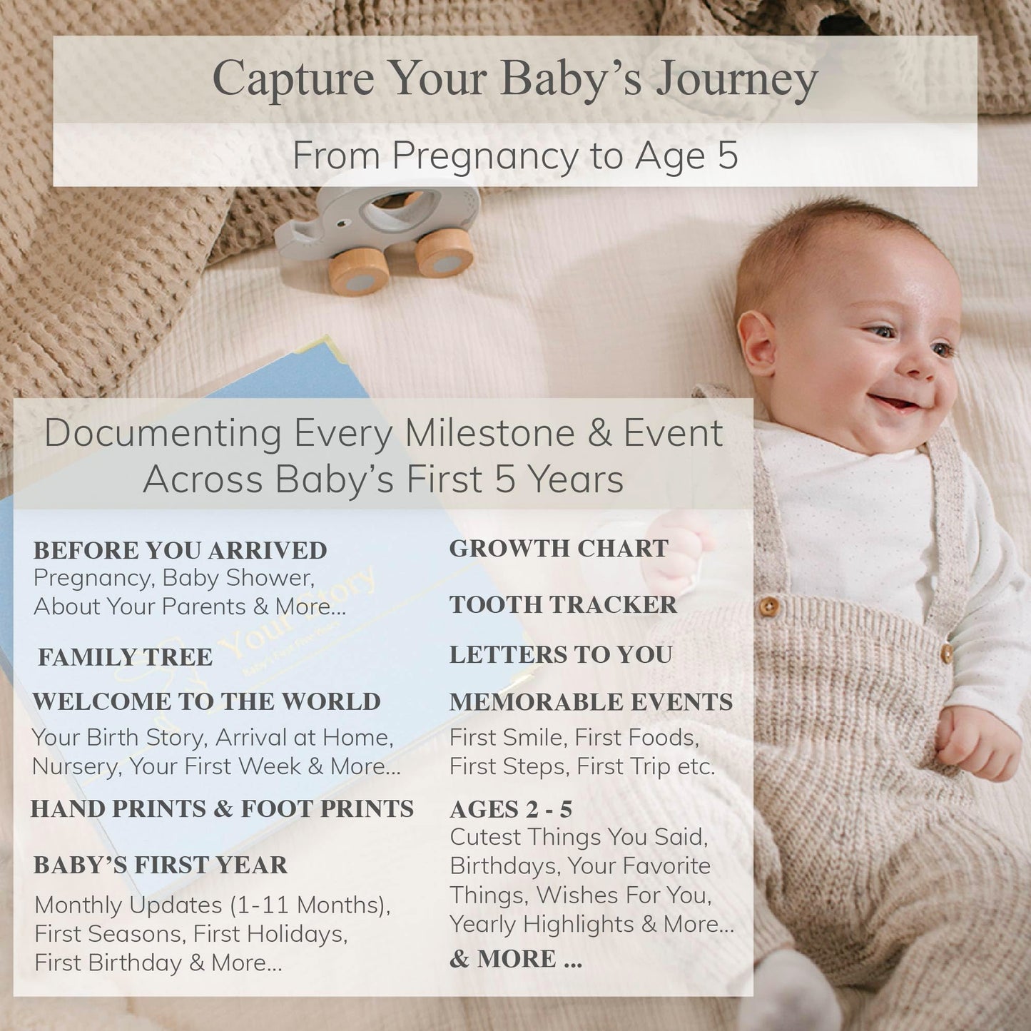 Keepsake Baby Memory Book Boy and Girl - Gender Neutral Baby Journal For First 5 Years, Timeless Baby Scrapbook Journal Milestones Baby Photo Album, Gender Reveal Gifts New Parents - Sky Blue