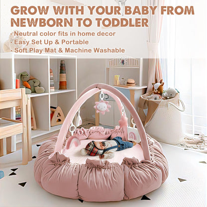 HAN-MM 5-in-1 Convertible Baby Play Gym with 6 Toys, Tummy Time Mat for Sensory Development, Baby Activity Center from Newborn to Toddler, Ball Pit, Cat & Dog Bed, Soft Plush Pet Bed, Pink