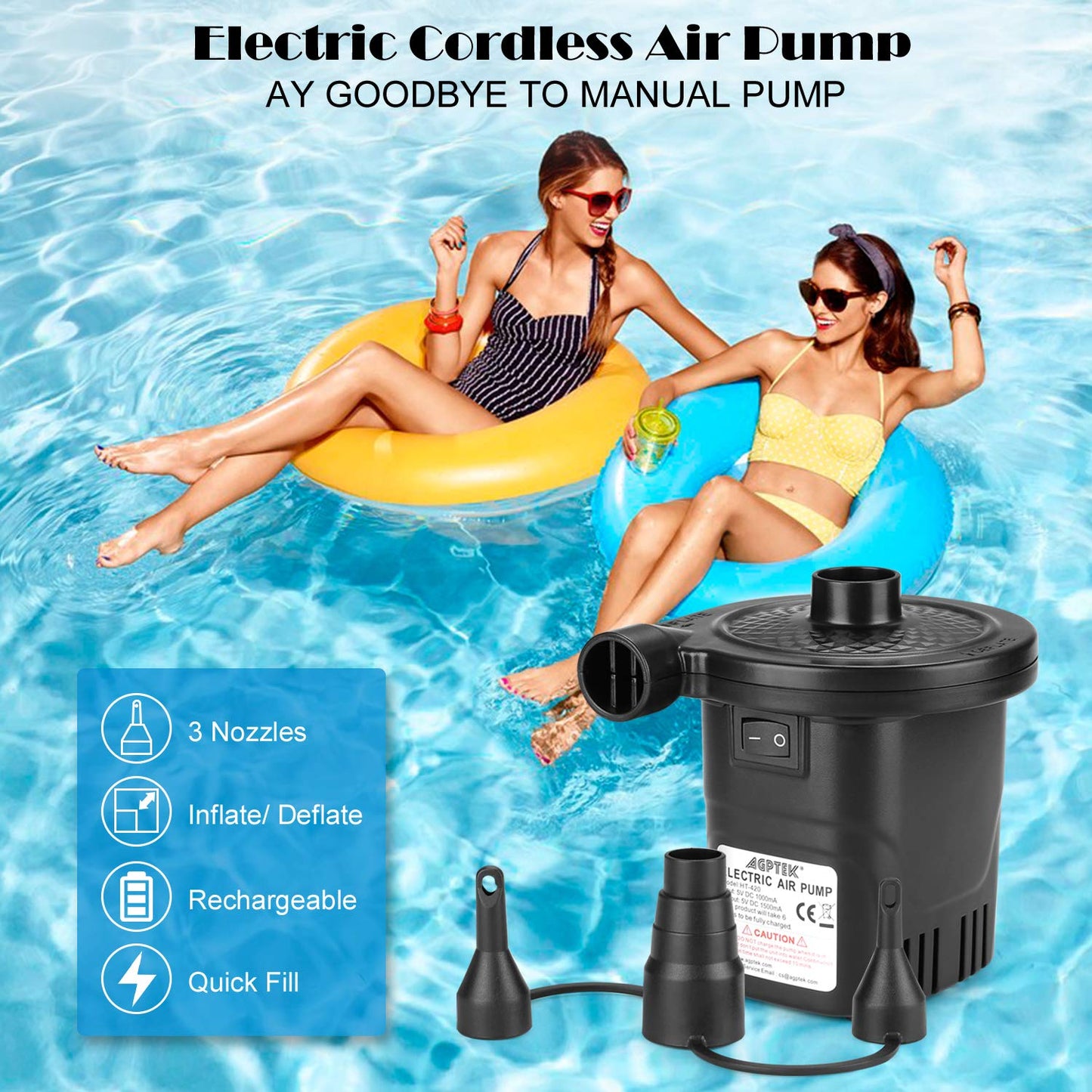 AGPTEK Rechargeable Air Pump, Electric Air Pump 4000mAh Battery Quick-Fill Inflator & Deflator with 3 Nozzles, Lightweight & Portable Perfect for Air Beds, Air Mattresses, Pool Toys & Inflatable