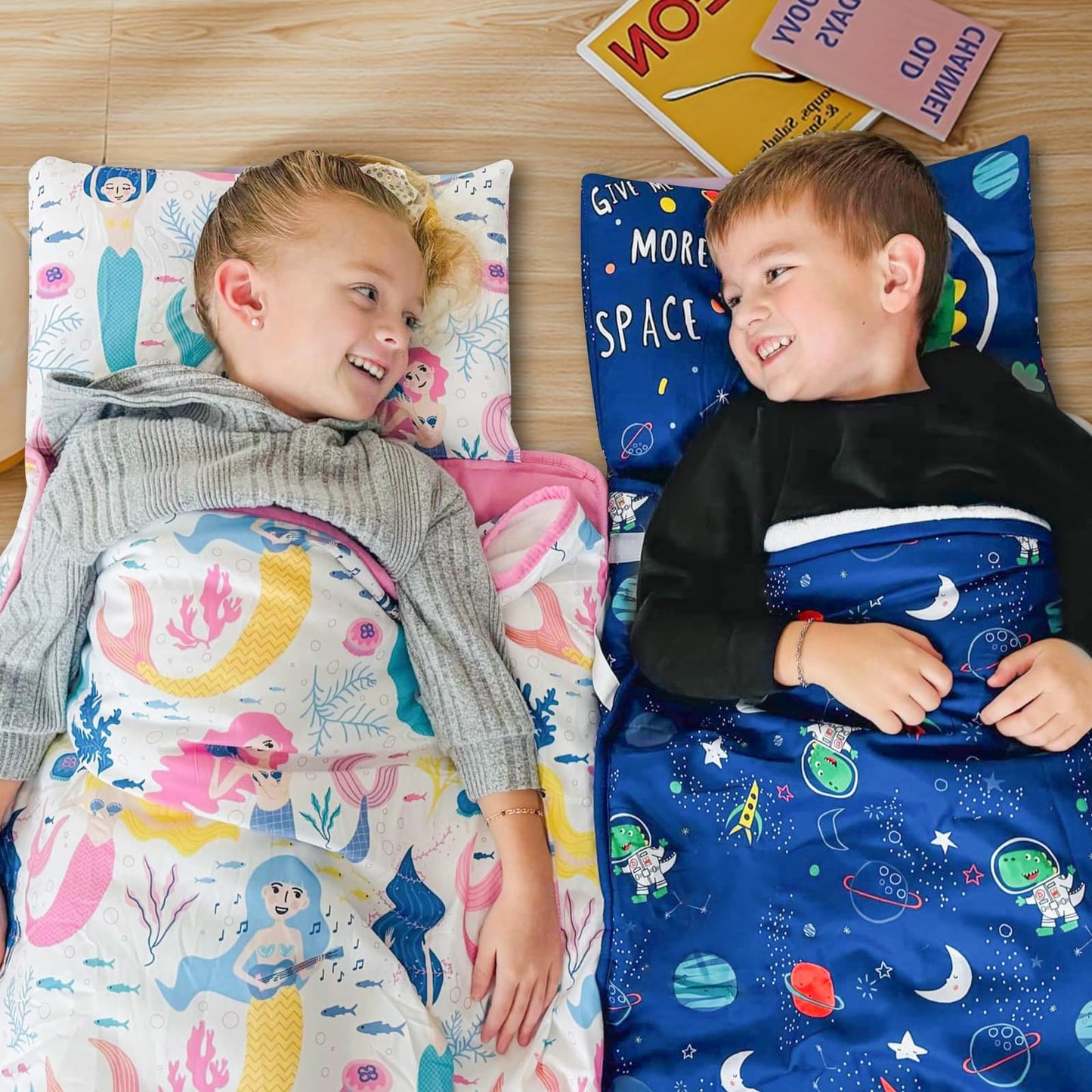 Safotad Toddler Nap Mat with Pillow and Blanket, Soft Sleeping Bag for Kids Boys and Girls, Slumber Bags Kids for Preschool, Daycare, Travel, Camping, 54" x 33" Great for Ages 3-6(Blue)