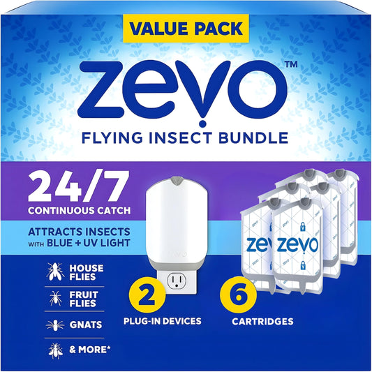 Zevo Flying Insect Pesticide Trap & Cartridge - Pesticide Plug in Fly Trap & Indoor Bug Catcher for Gnats, House & Fruit Flies - Mess-Free - Use in Any Room (2 Devices & 6 Cartridges