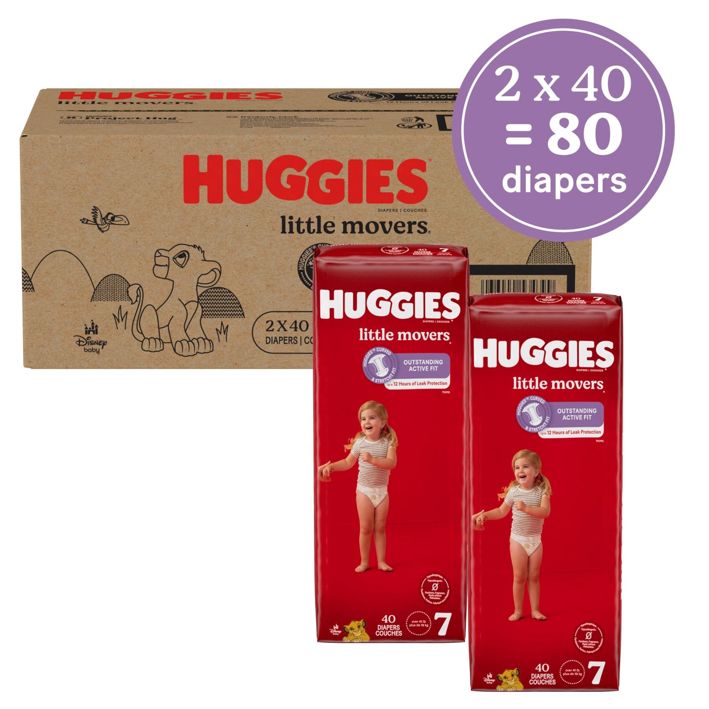 Huggies Size 7 Diapers, Little Movers Baby Diapers, Size 7 (41+ lbs), 80 Count (2 packs of 40)