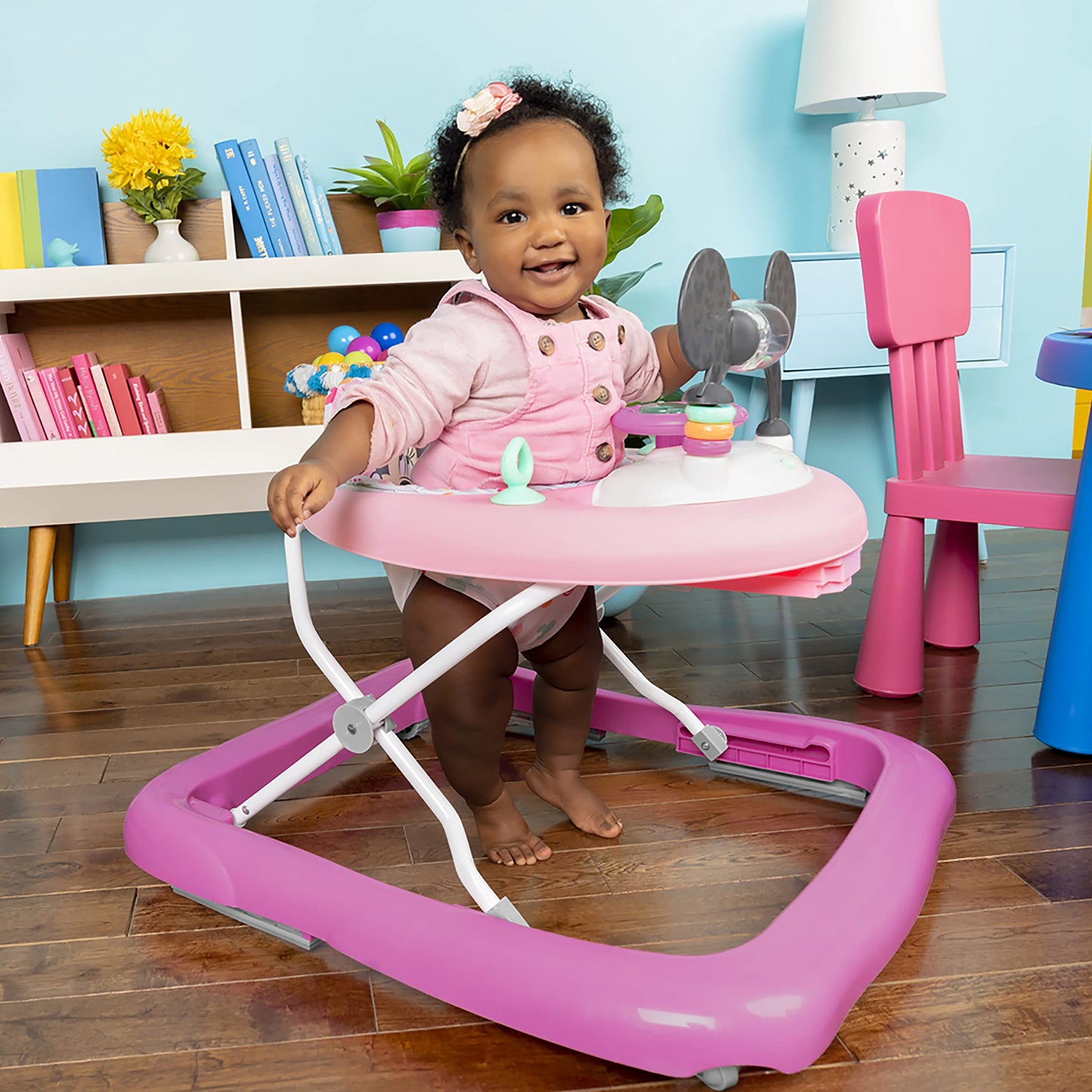 Bright Starts Disney Baby Minnie Mouse Forever Besties 2-in-1 Baby Activity Walker - Easy Fold Frame and Removable -Toy Station, 6 Months and up
