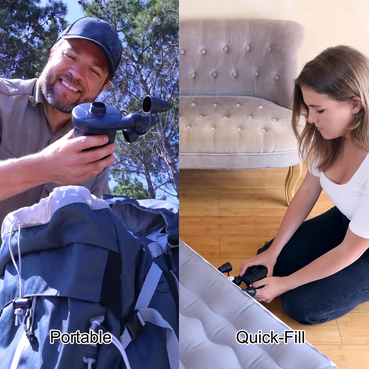 AGPTEK Electric Air Pump,Portable Air Pump with 3 Nozzles, 4.5kPa Quick-Fill,110V AC/12V DC Inflator/Deflator Pumps for Outdoor Camping, Inflatable Air Mattress Beds, Boats, Swimming Ring