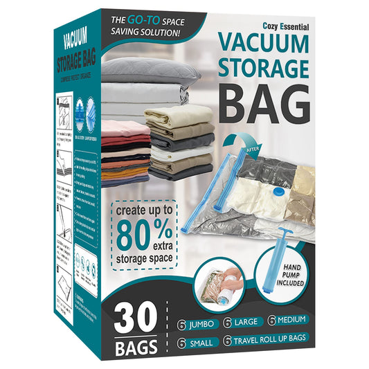 30 Pack Vacuum Storage Bags, Space Saver Vacuum Storage Bags, Vacuum Seal Bags for Clothing, Clothes, Comforters and Blankets, Hand Pump Included