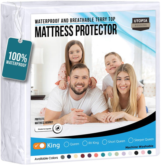 Utopia Bedding Waterproof Mattress Protector King Size, Premium Terry Mattress Cover 200 GSM, Breathable, Fitted Style with Stretchable Pockets (White)
