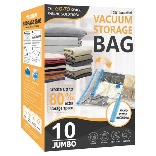 10 Jumbo Vacuum Storage Bags, Space Saver Bags Compression Storage Bags for Comforters and Blankets, Vacuum Sealer Bags for Clothes Storage, Hand Pump Included