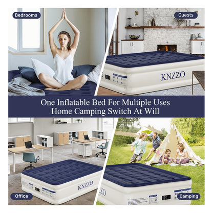 KNZZO Air Mattress Full with Built-in Pump, Blow Up Mattress with Soft Flocked Top, Leakproof Inflatable Mattress, Foldable Waterproof Air Bed for Home, Guests, Camping, with Storage Bag