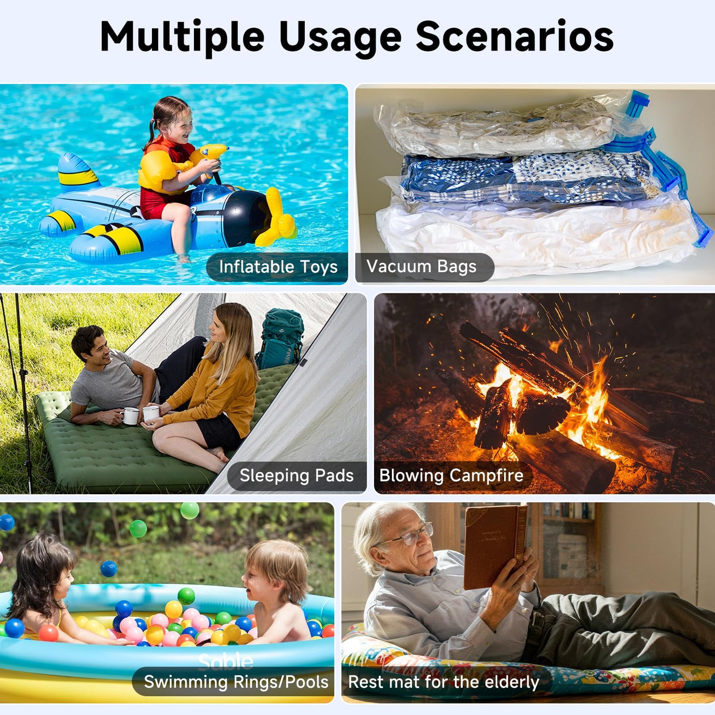 Portable Air Pump for Inflatables, 4.5kPa Mini Air Mattress Pump with Camping Light, 2400mAh Battery Rechargeable Air Pump for Pool Floats, Sleeping Pads, Swimming Ring, Vacuum Storage Bags, Black