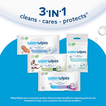 WaterWipes Sensitive+ Newborn & Baby Wipes, 3-In-1 Cleans, Cares, Protects, 99.9% Water, Unscented & Hypoallergenic, 240 Count (4 Packs)