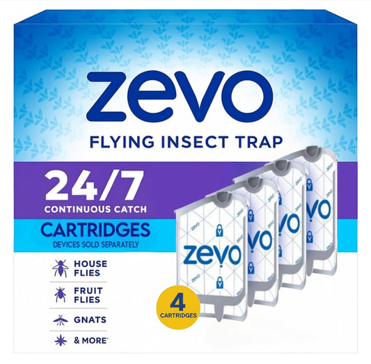 Zevo Flying Bug Pesticide Cartridges | 4 Zevo Refills for Pesticide Plug-in Devices | Long-Lasting, Chemical-Free Solution for Flying Insects