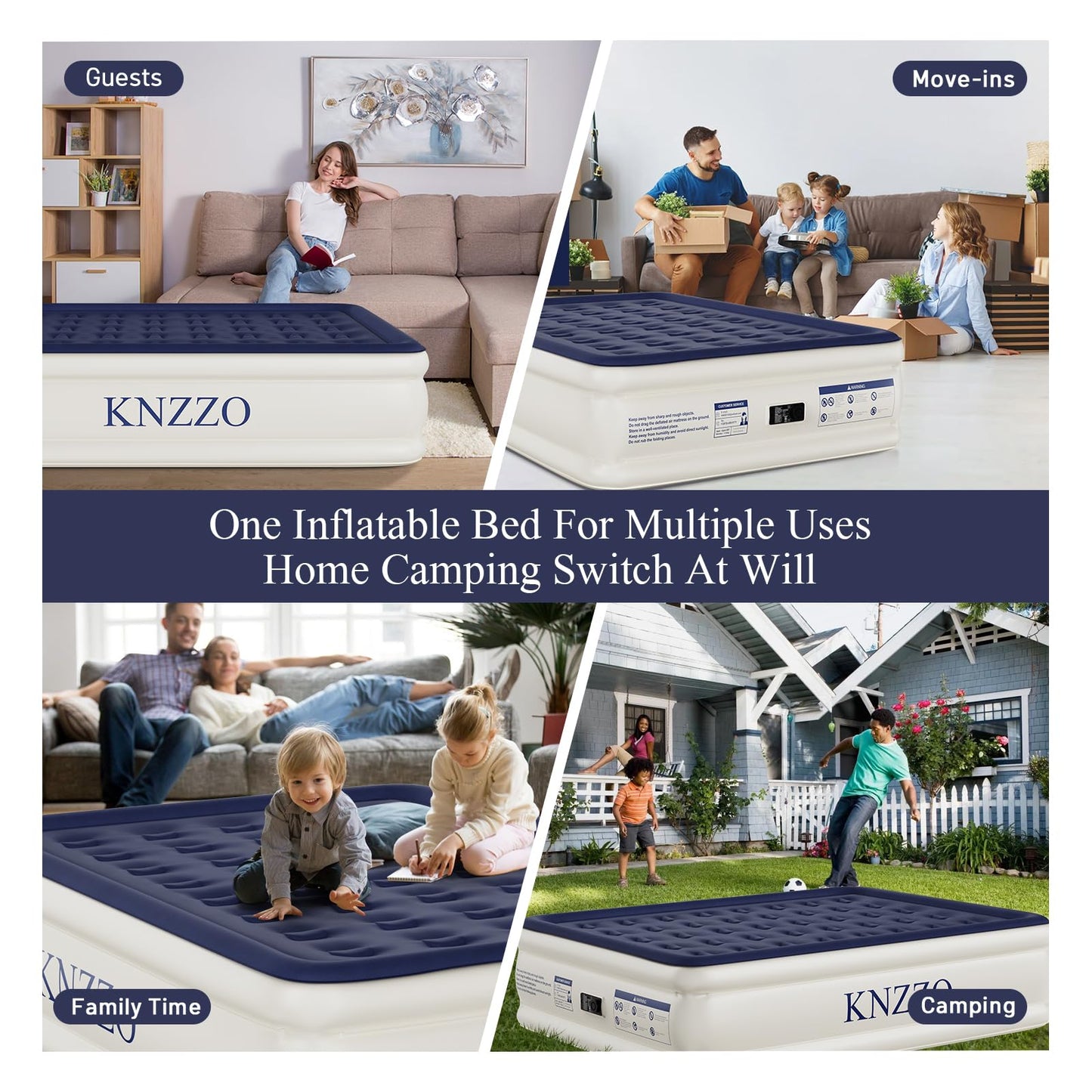 KNZZO Air Mattress Queen with Built-in Pump, Blow Up Mattress with Soft Flocked Top, Leakproof Inflatable Mattress, Foldable Waterproof Air Bed for Home, Guests, Camping, with Storage Bag