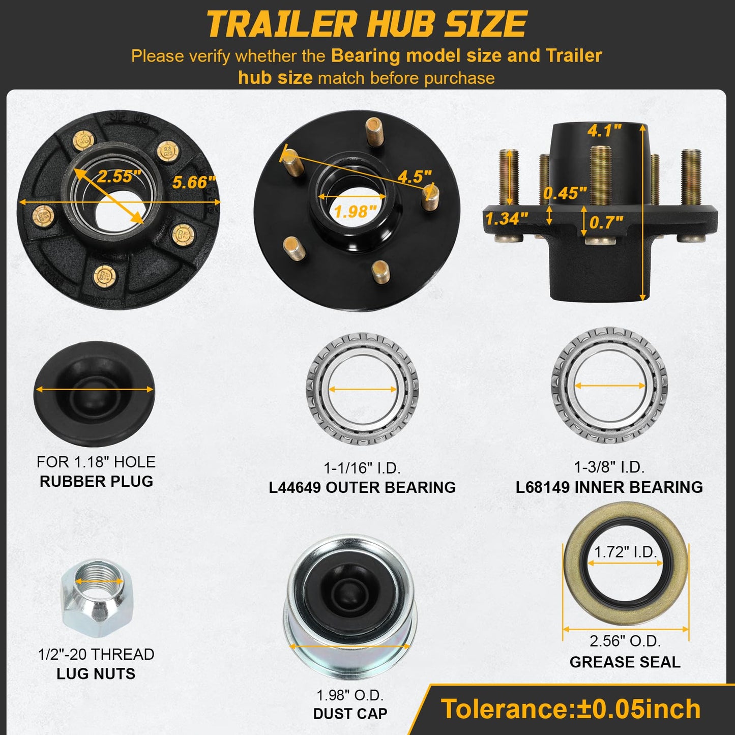 2 Sets 3500lb Trailer Axle Trailer Hub Kit 5 Bolt 4.5",5×4.5 Trailer Hub fit 1-1/16" to 1-3/8" Tapered Trailer Spindle,Trailer Hub Assembly,Boat Trailer Hubs 5 Lug (Not Fit for Straight Spindle)