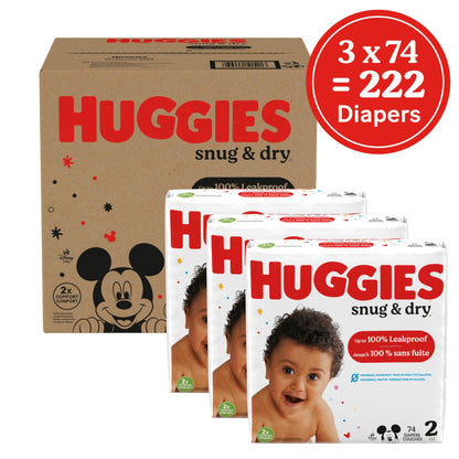 Huggies Size 2 Diapers, Snug & Dry Baby Diapers, Size 2 (12-18 lbs), 222 Count (3 Packs of 74), Packaging May Vary