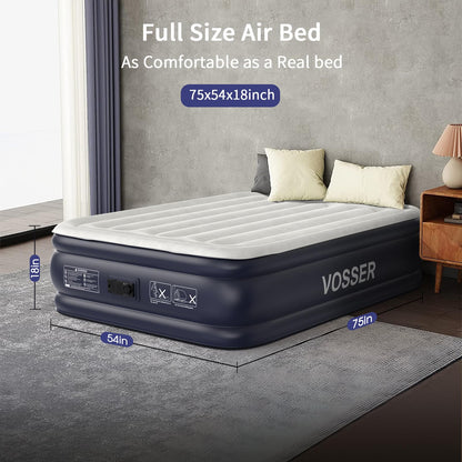 VOSSER Air Mattress Full with Built in Pump,18''Inflatable Mattress of Upgraded Vertical Beams,Self Inflatable/Deflation Blow Up Mattress in 3 Mins,Flocked Top Airbed with Carry Bag for Home, Camping