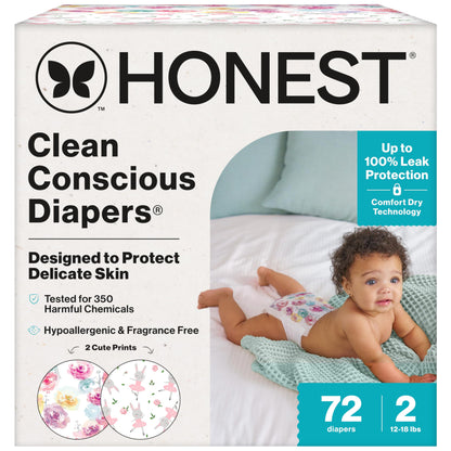 The Honest Company Clean Conscious Diapers for Delicate Skin | Up to 100% Leakproof | Hypoallergenic, Fragrance Free | Girl Prints | Club Box, Size 2 (12-18 lbs), 72 Count (Prints May Vary)
