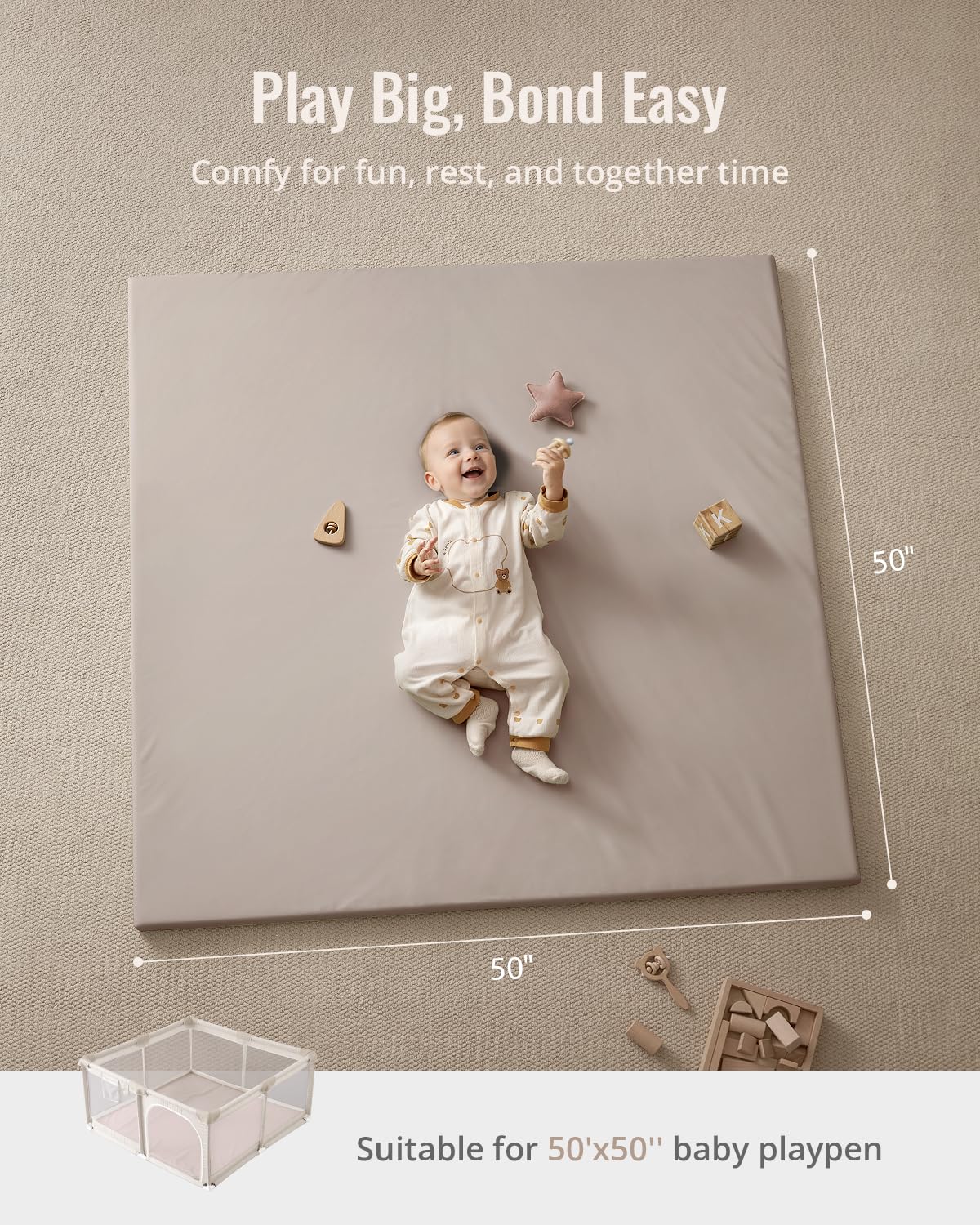 Blissful Diary Vegan Leather Baby Play Mat, 50x50 Thicken Foam Cushioned & Waterproof Playpen Mat for Infants and Toddlers, Stylish and Just Wipe-Clean Playmat for Baby Play on Floor, Taupe