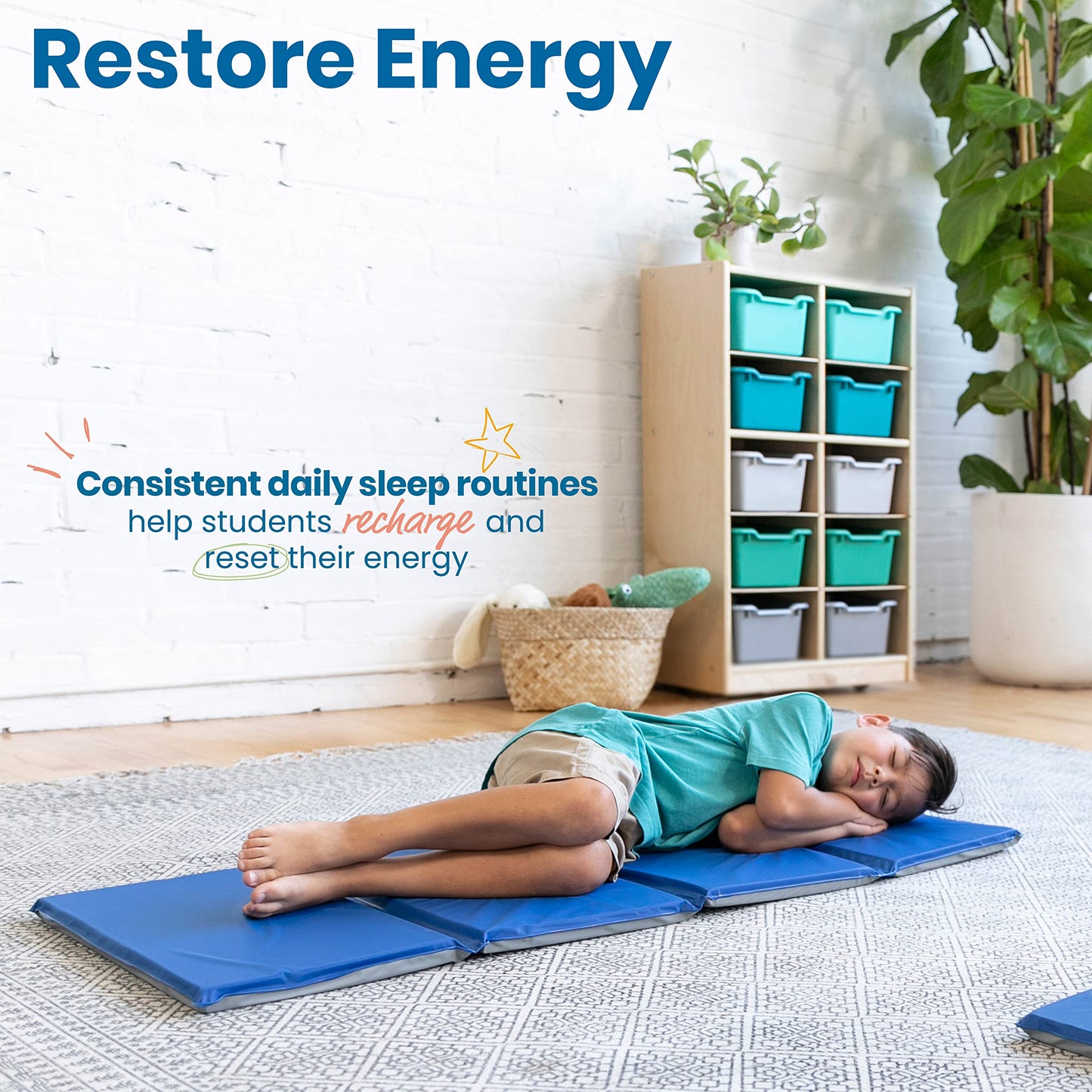 ECR4Kids Everyday Folding Rest Mat, 4-Section, 1in, Classroom Furniture, Blue/Grey