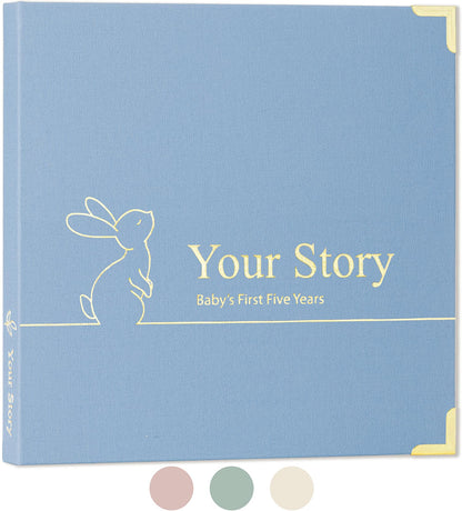 Keepsake Baby Memory Book Boy and Girl - Gender Neutral Baby Journal For First 5 Years, Timeless Baby Scrapbook Journal Milestones Baby Photo Album, Gender Reveal Gifts New Parents - Sky Blue