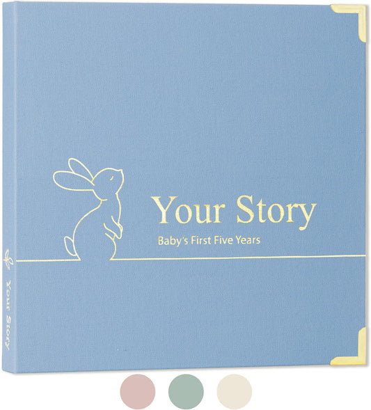 Keepsake Baby Memory Book Boy and Girl - Gender Neutral Baby Journal For First 5 Years, Timeless Baby Scrapbook Journal Milestones Baby Photo Album, Gender Reveal Gifts New Parents - Sky Blue