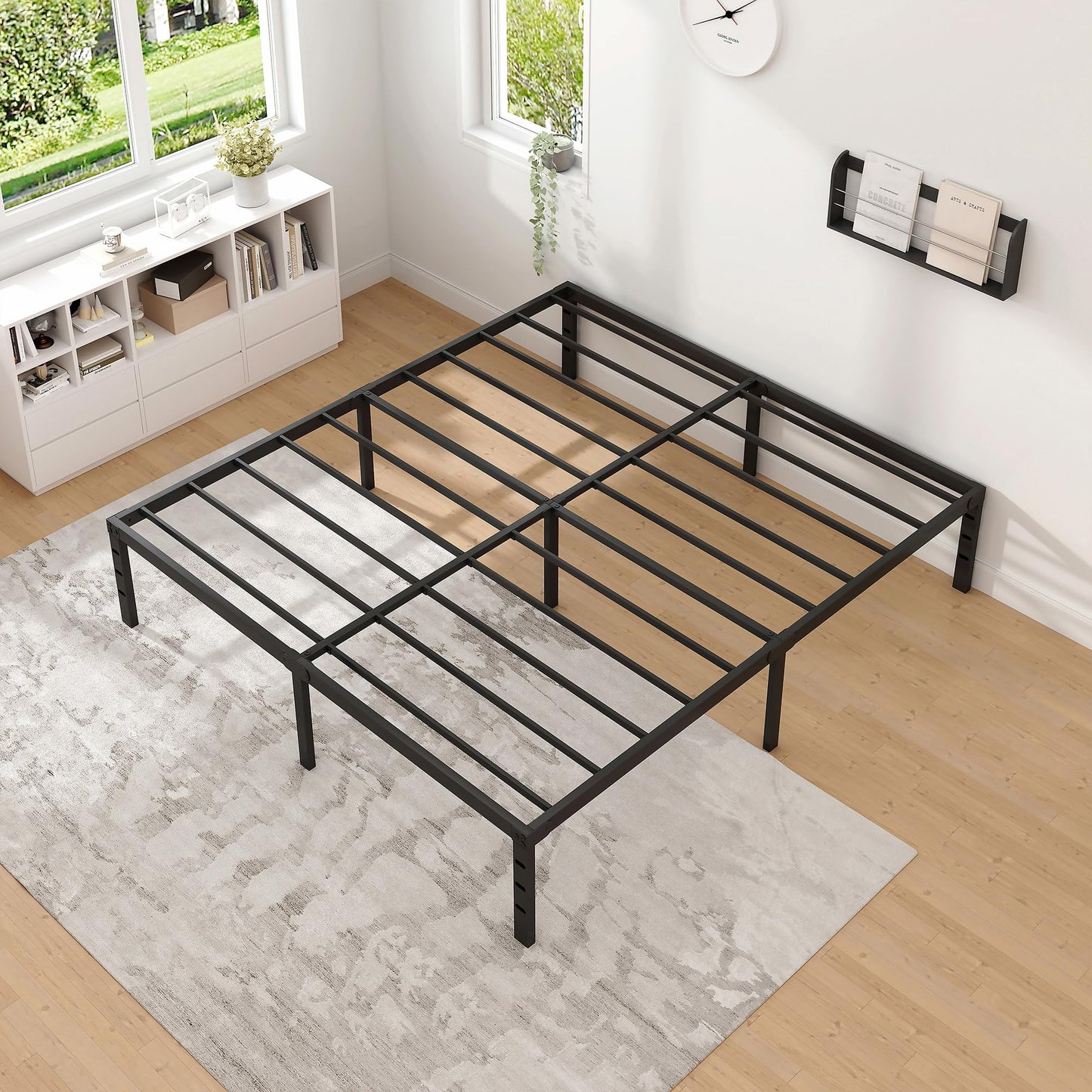 NEW JETO Metal Bed Frame,King Size Bed Frame with Storage Space,Heavy Duty Sturdy Mattress Foundation,Easy Assembly,No Box Spring Needed, Black,18 Inch,King