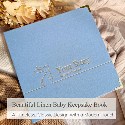 Keepsake Baby Memory Book Boy and Girl - Gender Neutral Baby Journal For First 5 Years, Timeless Baby Scrapbook Journal Milestones Baby Photo Album, Gender Reveal Gifts New Parents - Sky Blue