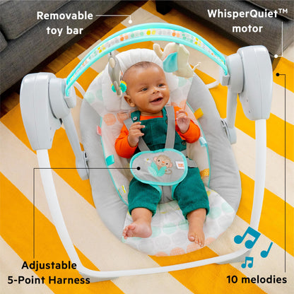 Bright Starts Portable Automatic 6-Speed Baby Swing with Adaptable Speed, Taggies, Music, Removable-Toy-Bar, 0-9 Months 6-20 lbs (Whimsical Wild)