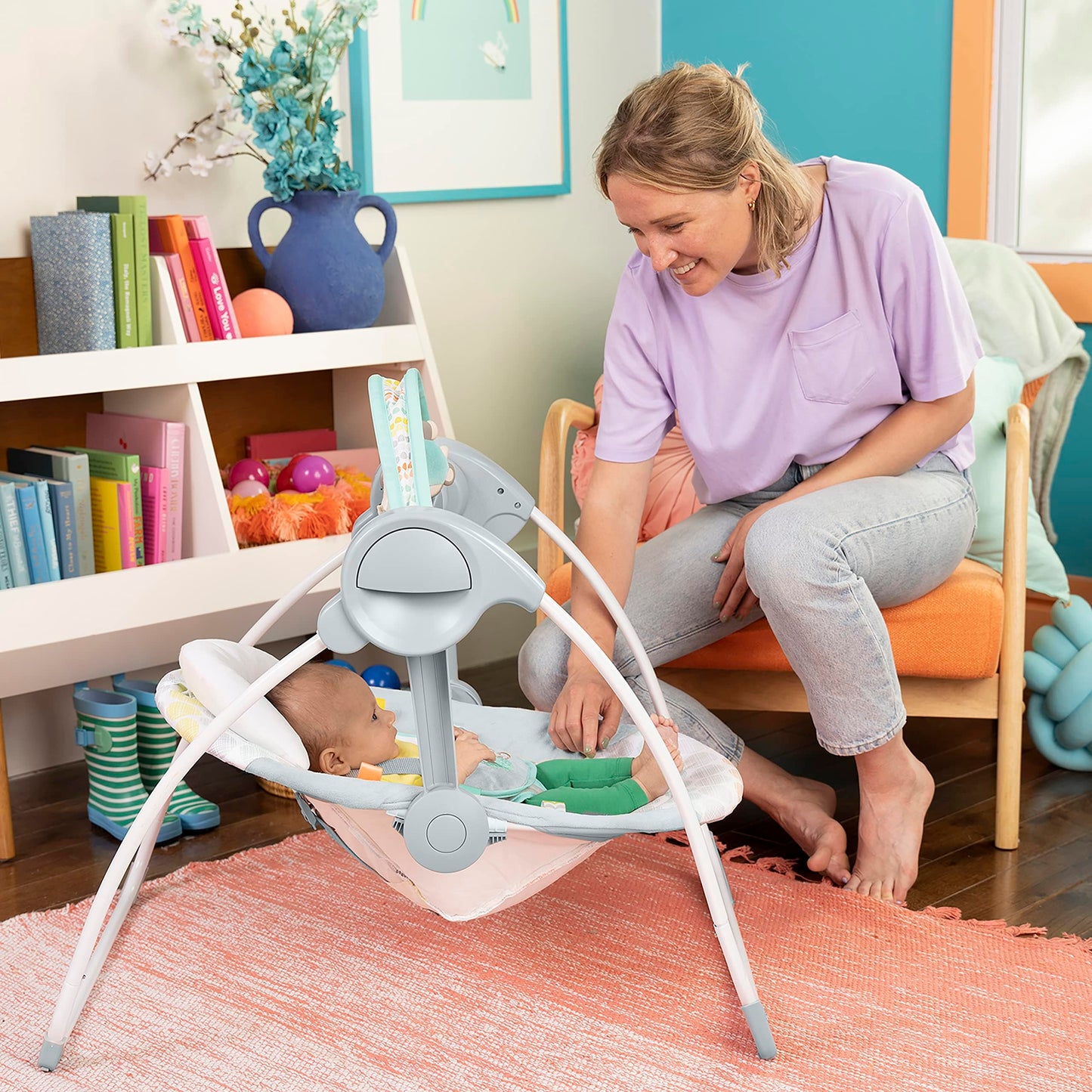 Bright Starts Portable Automatic 6-Speed Baby Swing with Adaptable Speed, Taggies, Music, Removable-Toy-Bar, 0-9 Months 6-20 lbs (Whimsical Wild)