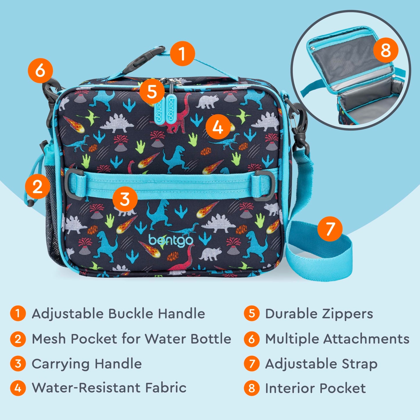 Bentgo Kids Lunch Bag - Durable, Double-Insulated Lunch Bag for Kids 3+; Holds Lunch Box, Water Bottle, & Snacks; Easy-Clean Water-Resistant Fabric & Multiple Zippered Pockets (Dinosaur)